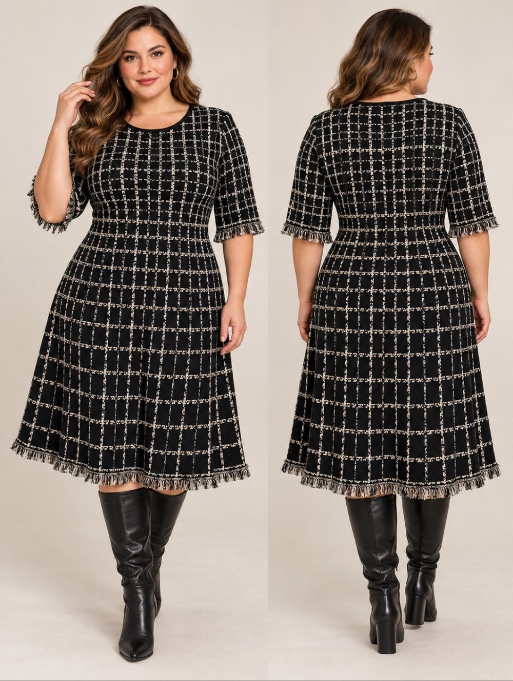 Preppy Plaid Windowpane Fringe Fit & Flare Sweater Dress Black/Cream Size 1X